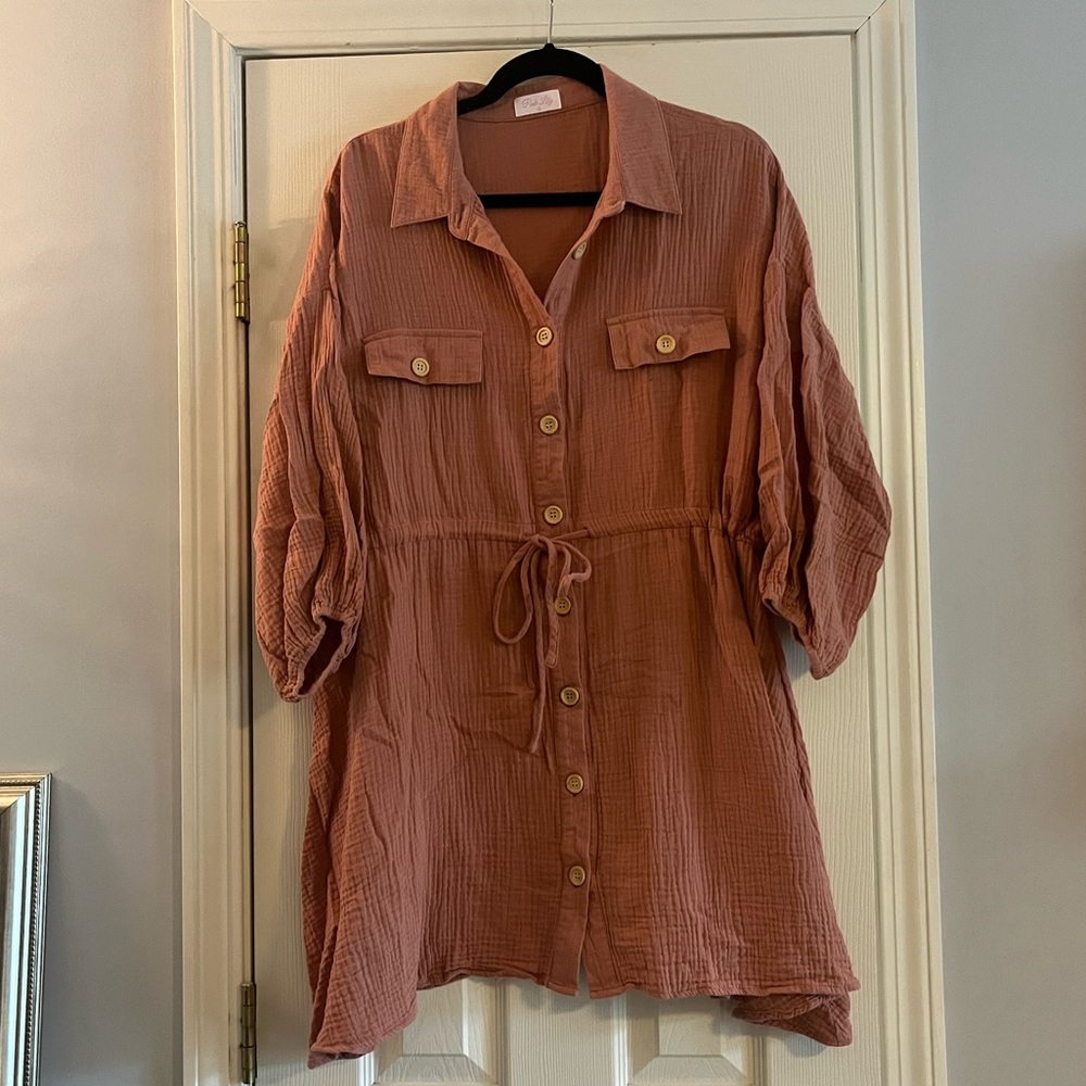 Pink Lilly, Rust Button-Up dress with Drawstring, size large